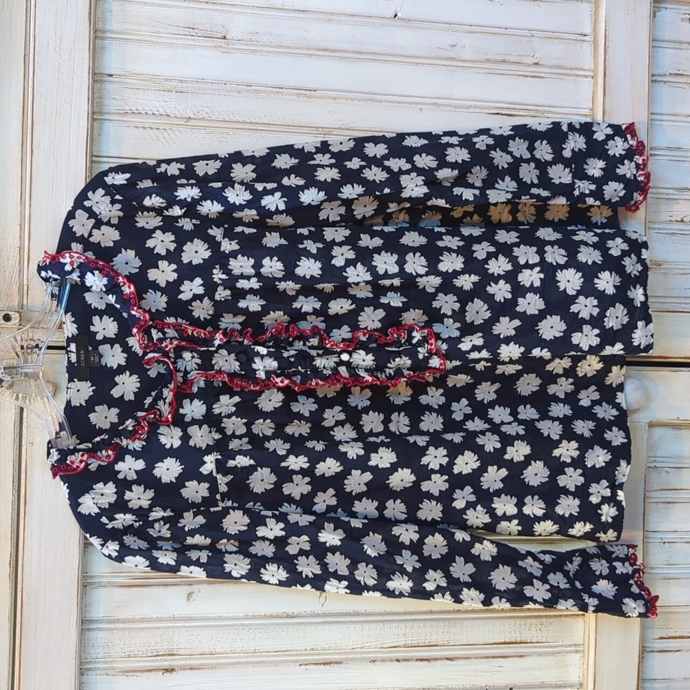 J. Crew, navy embroidered ruffle blouse. Medium